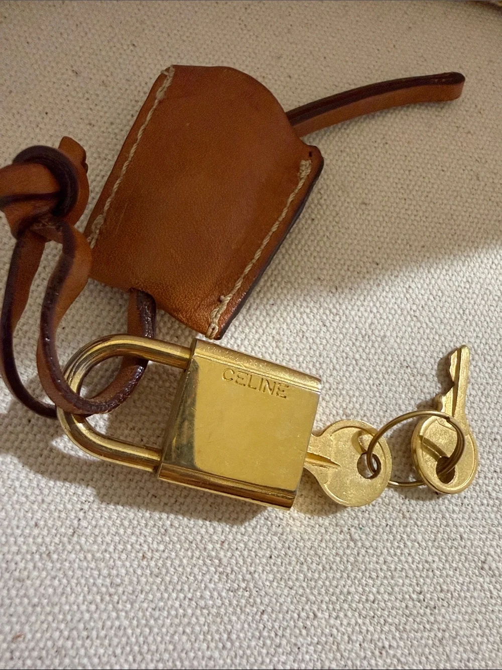 Authentic Celine Rare Tan Leather Keyring with Gold Padlock and keys collectible